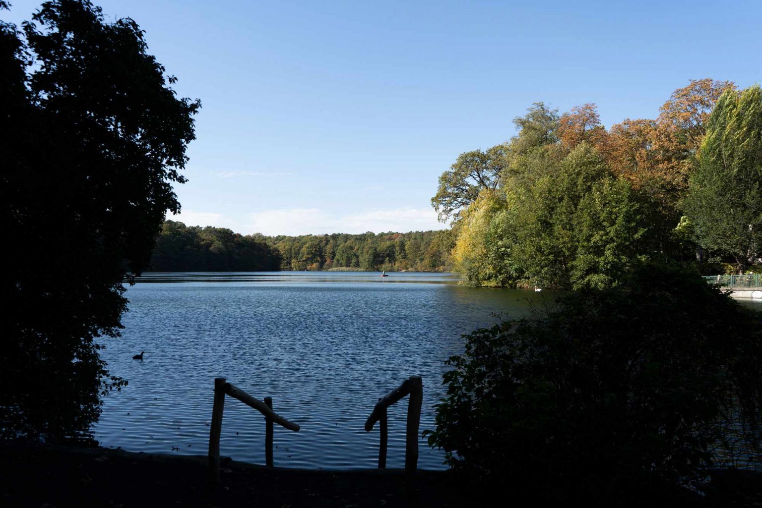 Seeblick vom Ufer mit Treppe zum Wasser und grüner Naturkulisse.